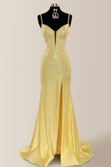 Yellow Sparkly Mermaid Prom Dress with Spaghetti Straps and Beaded Detail