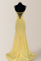 Yellow Sparkly Mermaid Prom Dress with Spaghetti Straps and Beaded Detail