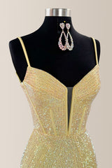 Yellow Sparkly Mermaid Prom Dress with Spaghetti Straps and Beaded Detail
