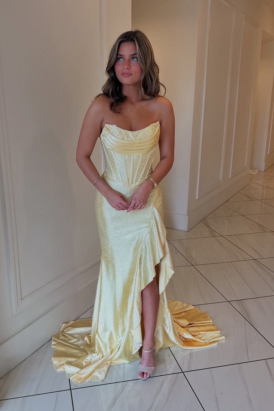 Sparkly Orange Mermaid Prom Dress with Strapless Bodice Lace Up Closure and Beaded Slit