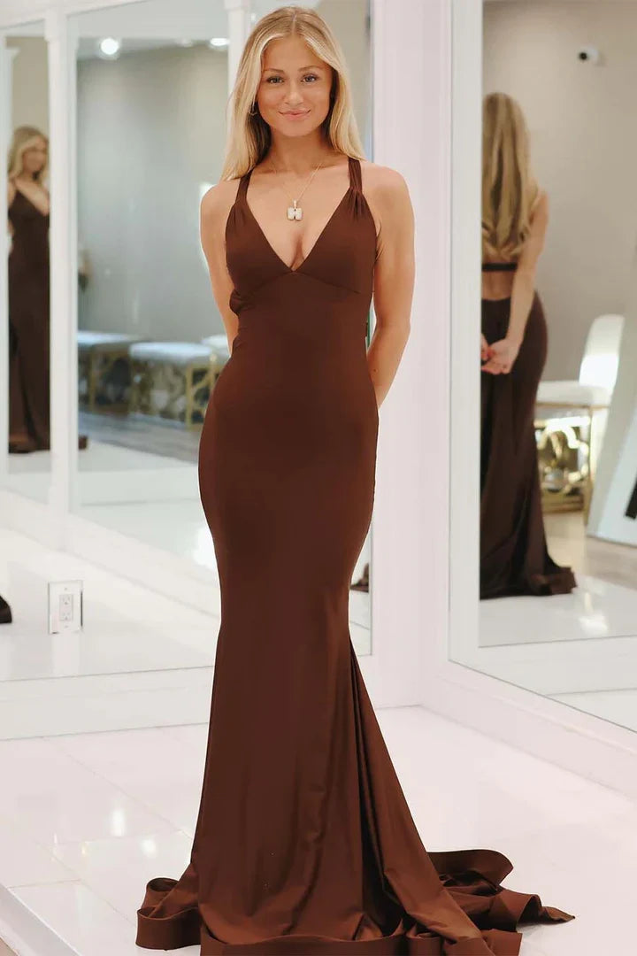 Charming Mermaid Deep V Neck Yellow Long Prom Dress with Backless