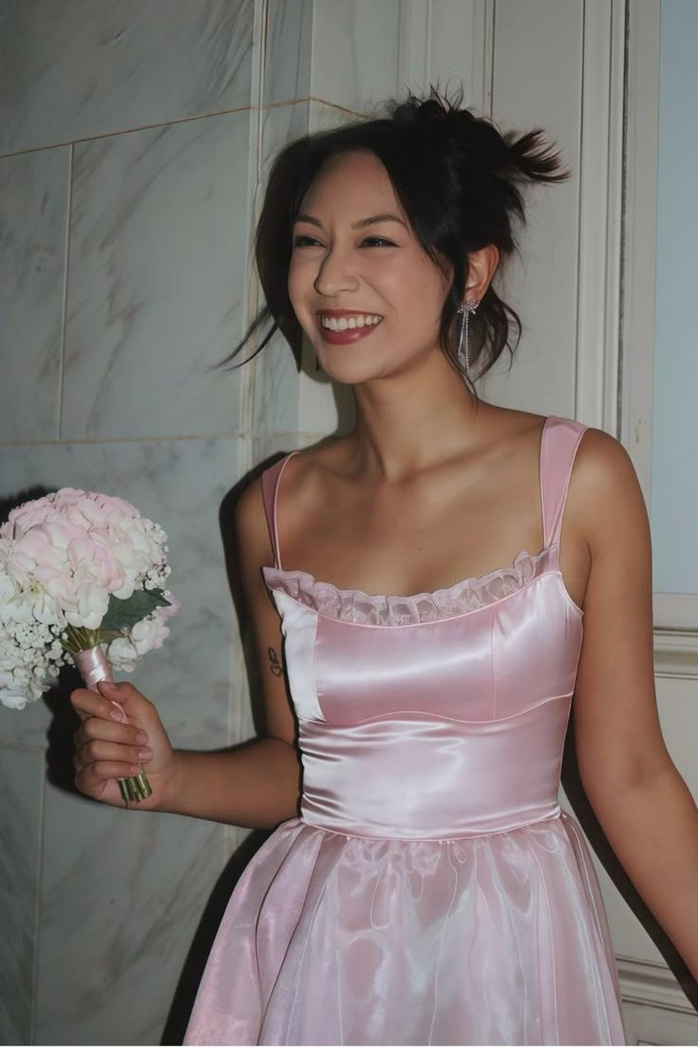 Princess A Line Spaghetti Straps Pink Long Prom Dress with Lace Ruffles