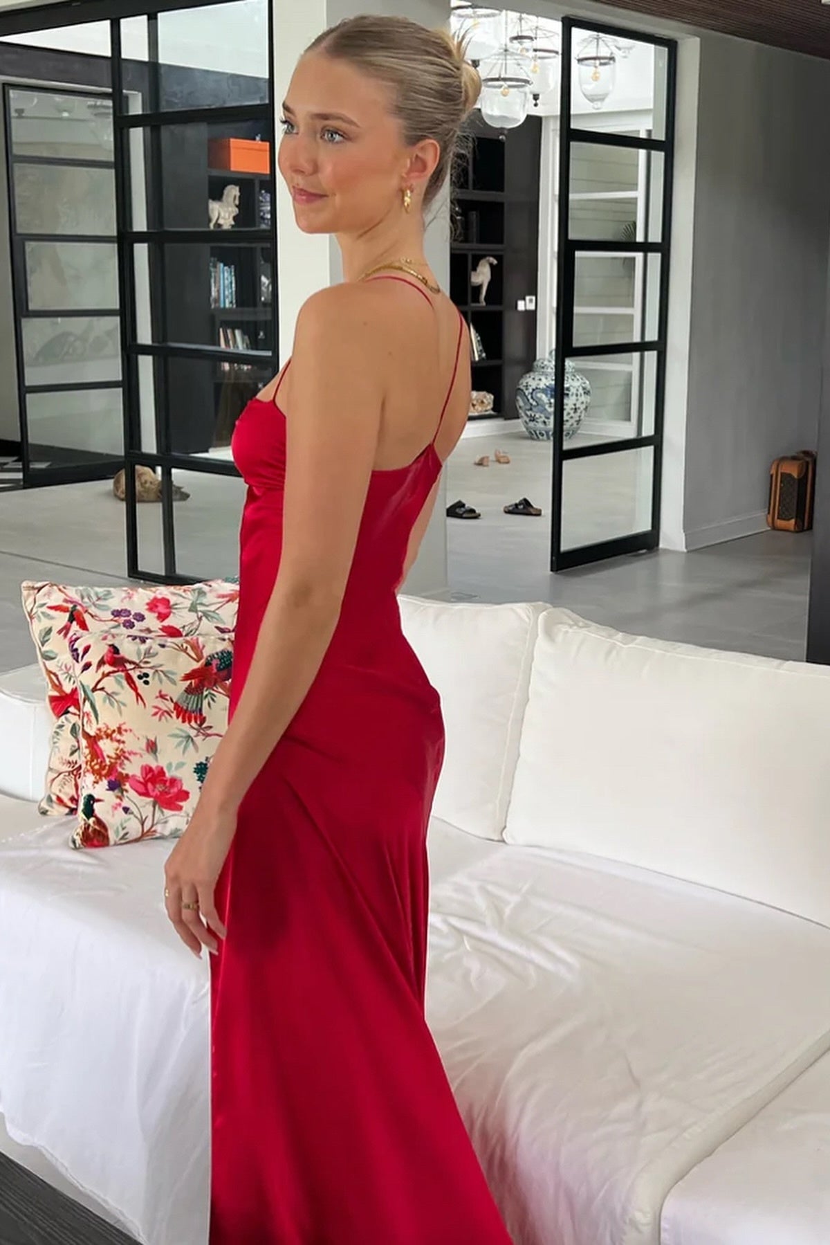 Trendy Sheath Spaghetti Straps Red Long Party Dress with Split Front