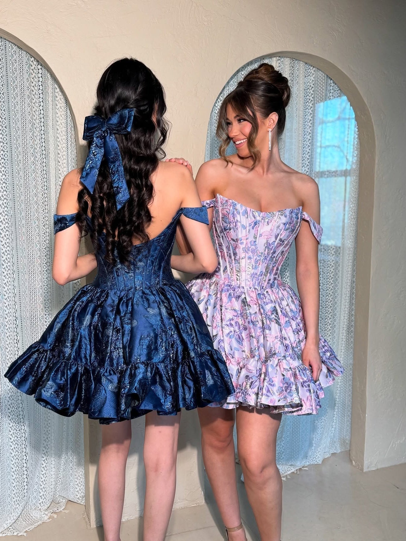 Elegant Off-Shoulder Pink Floral Brocade Homecoming Dress with Ruffled Skirt