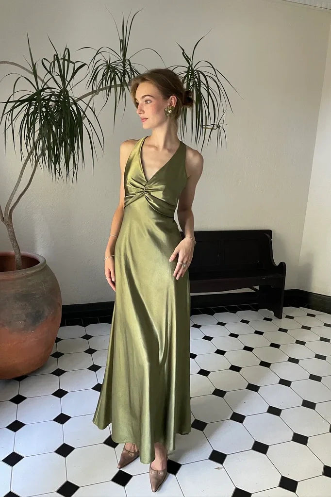 Chic Sheath Halter Neck Yellow Long Party Dress with Backless Bowknot