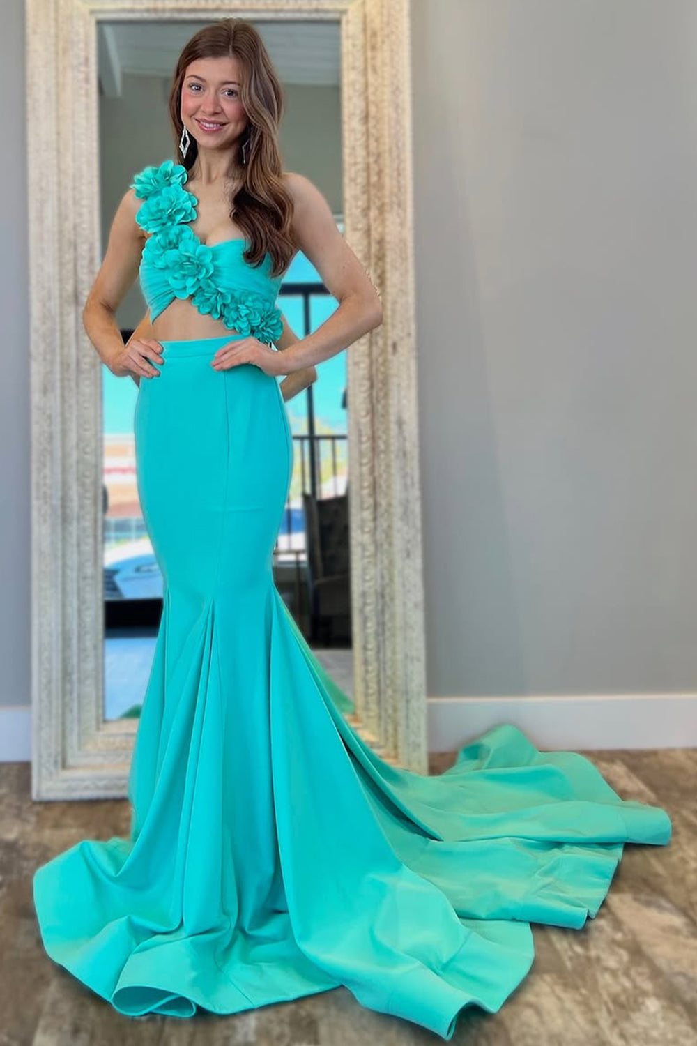 3D Floral Aqua Mermaid One Shoulder Cutout Waist Prom Dress