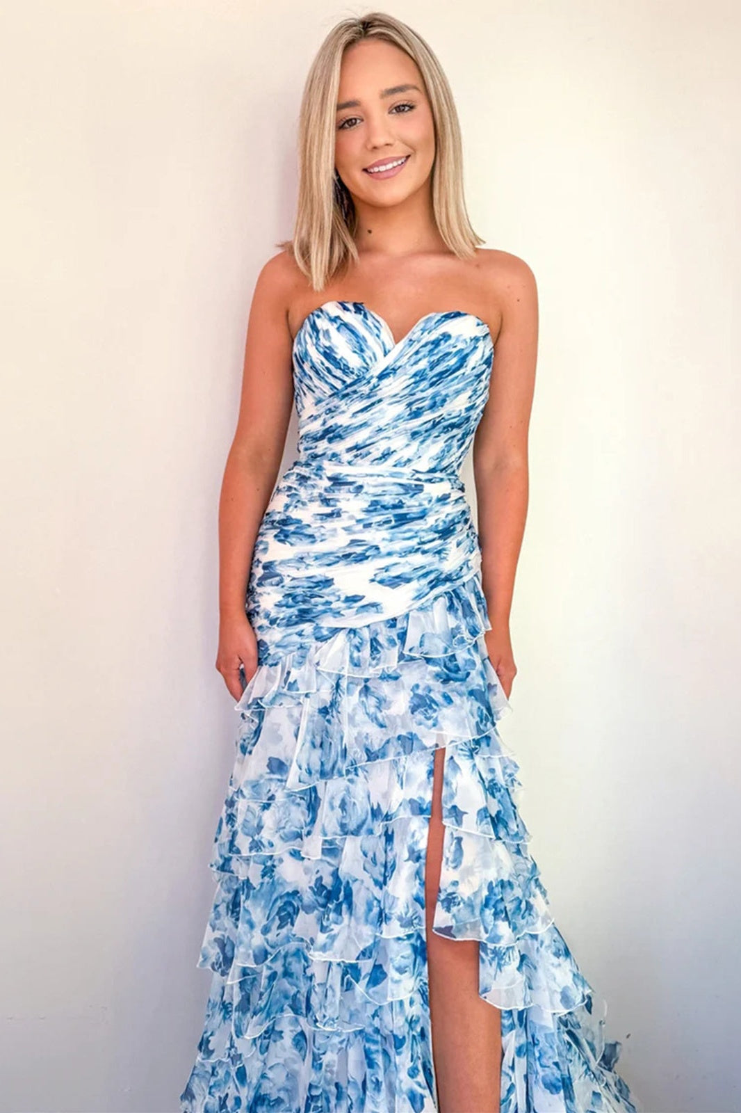 Chic Mermaid Sweetheart Pink Floral Printed Long Prom Dress with Ruffles
