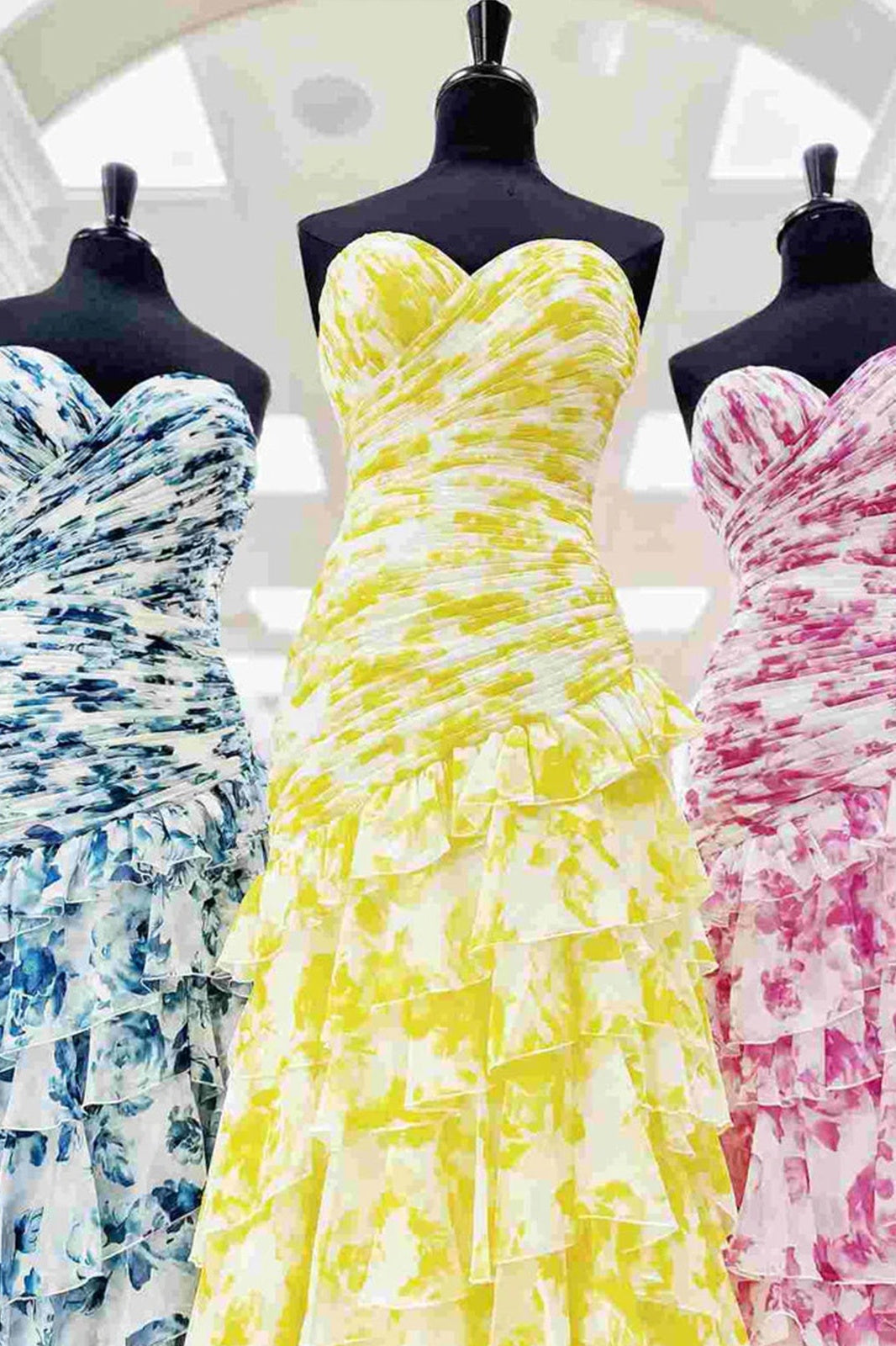 Chic Mermaid Sweetheart Pink Floral Printed Long Prom Dress with Ruffles