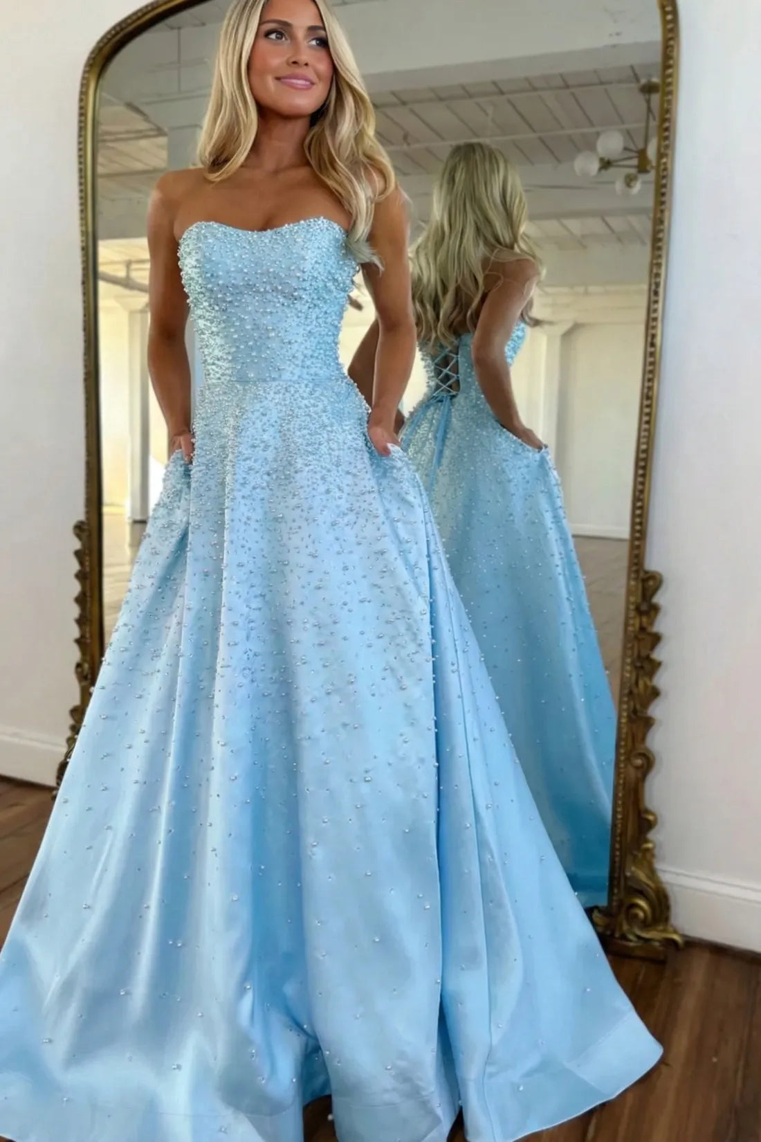 Furlla Women Light Pink Strapless Beaded Prom Dress A-Line Satin Gown with Corset Back Furlla Official Furlla Women Light Pink Strapless Beaded Prom Dress A-Line Satin Gown with Corset Back Furlla Official