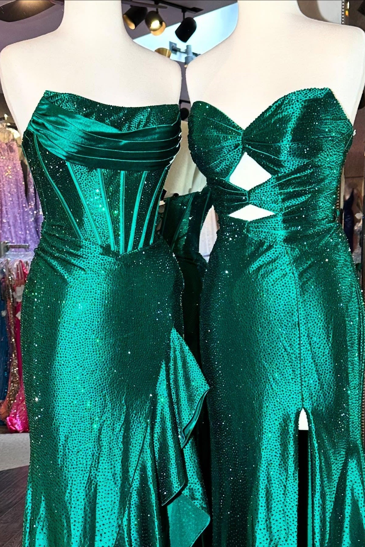 Sparkly Orange Mermaid Prom Dress with Strapless Bodice Lace Up Closure and Beaded Slit