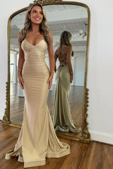 Stylish Mermaid Spaghetti Straps Green Long Satin Prom Dress with Lace Up