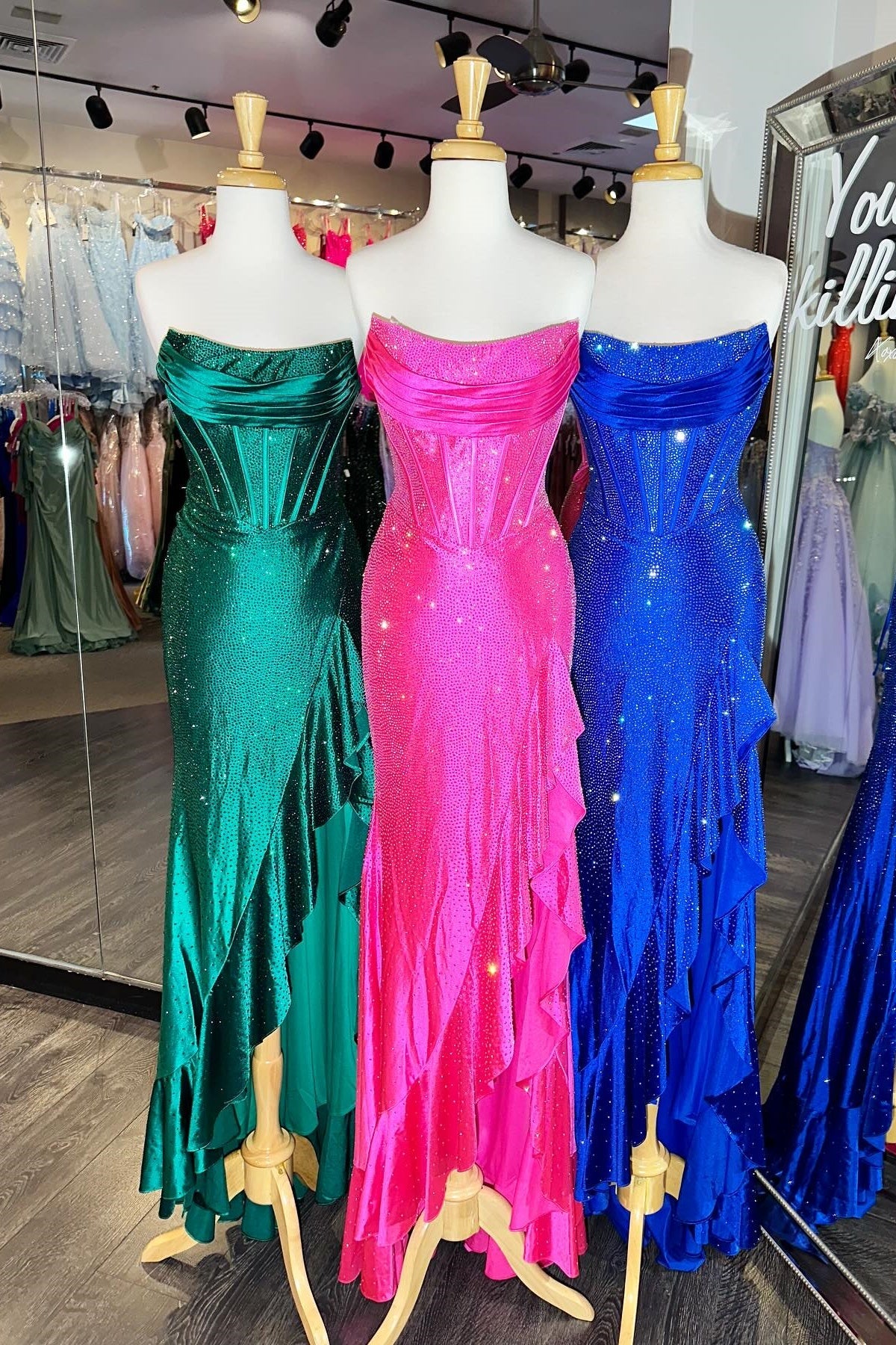 Light Blue Strapless Mermaid Prom Dress with Lace Up Back Beaded Details and Leg Slit