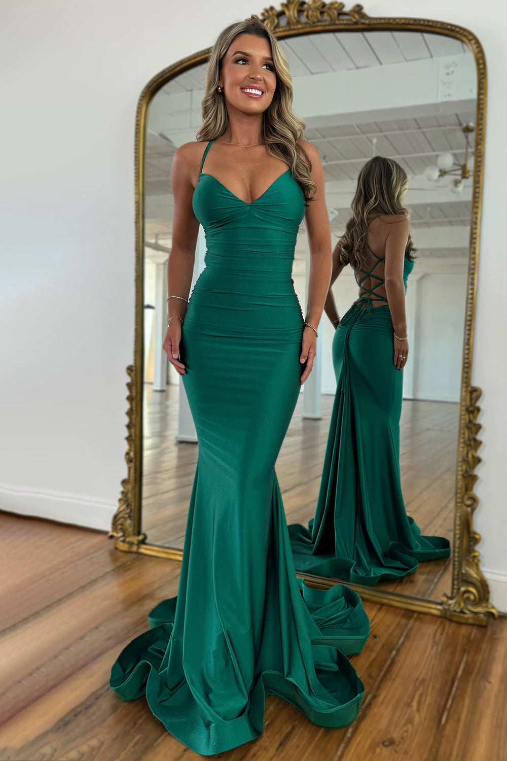 Stylish Mermaid Spaghetti Straps Green Long Satin Prom Dress with Lace Up
