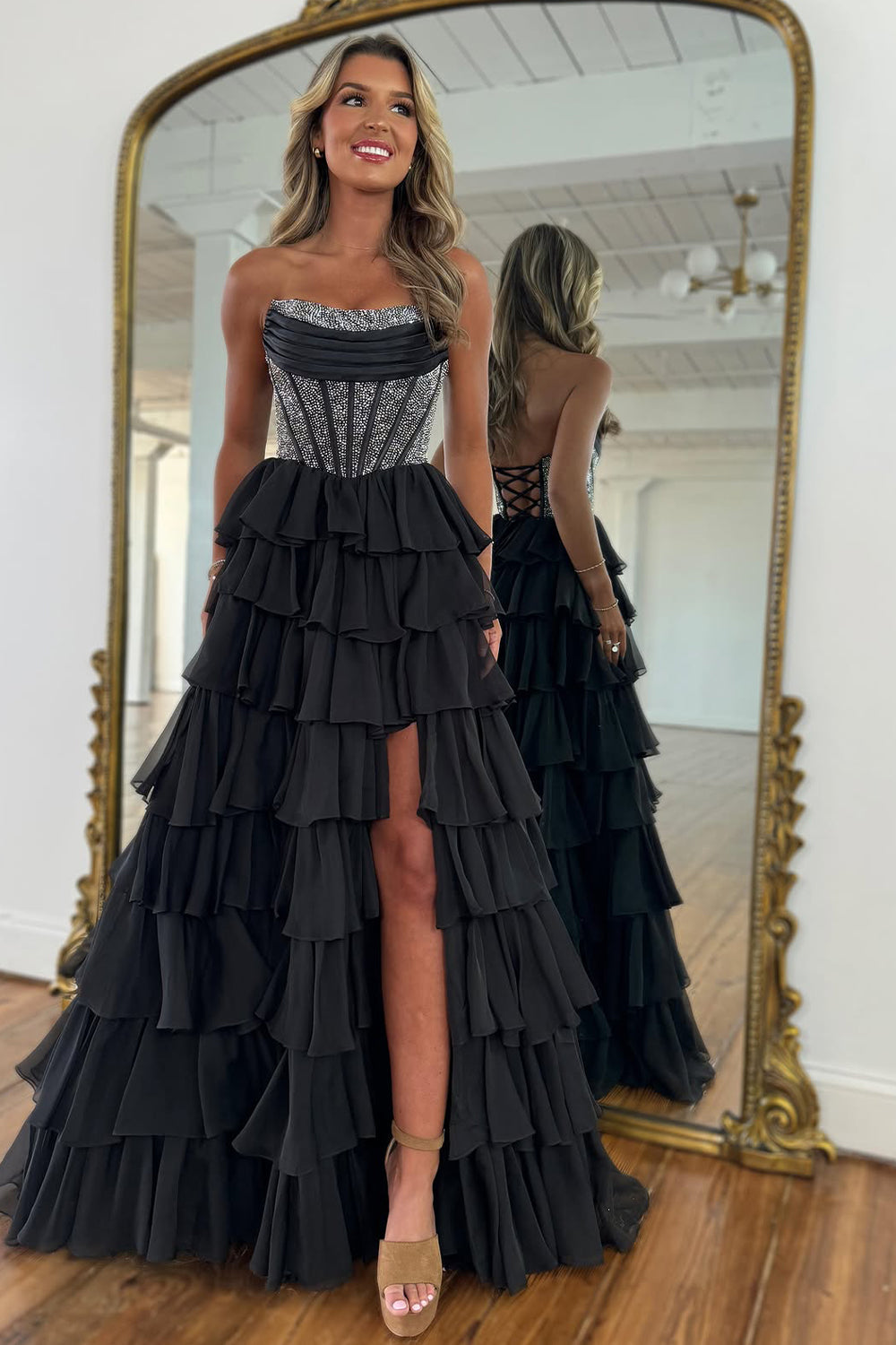 Dark Blue Strapless A Line Prom Dress with Sparkly Layered Chiffon and Side Slit