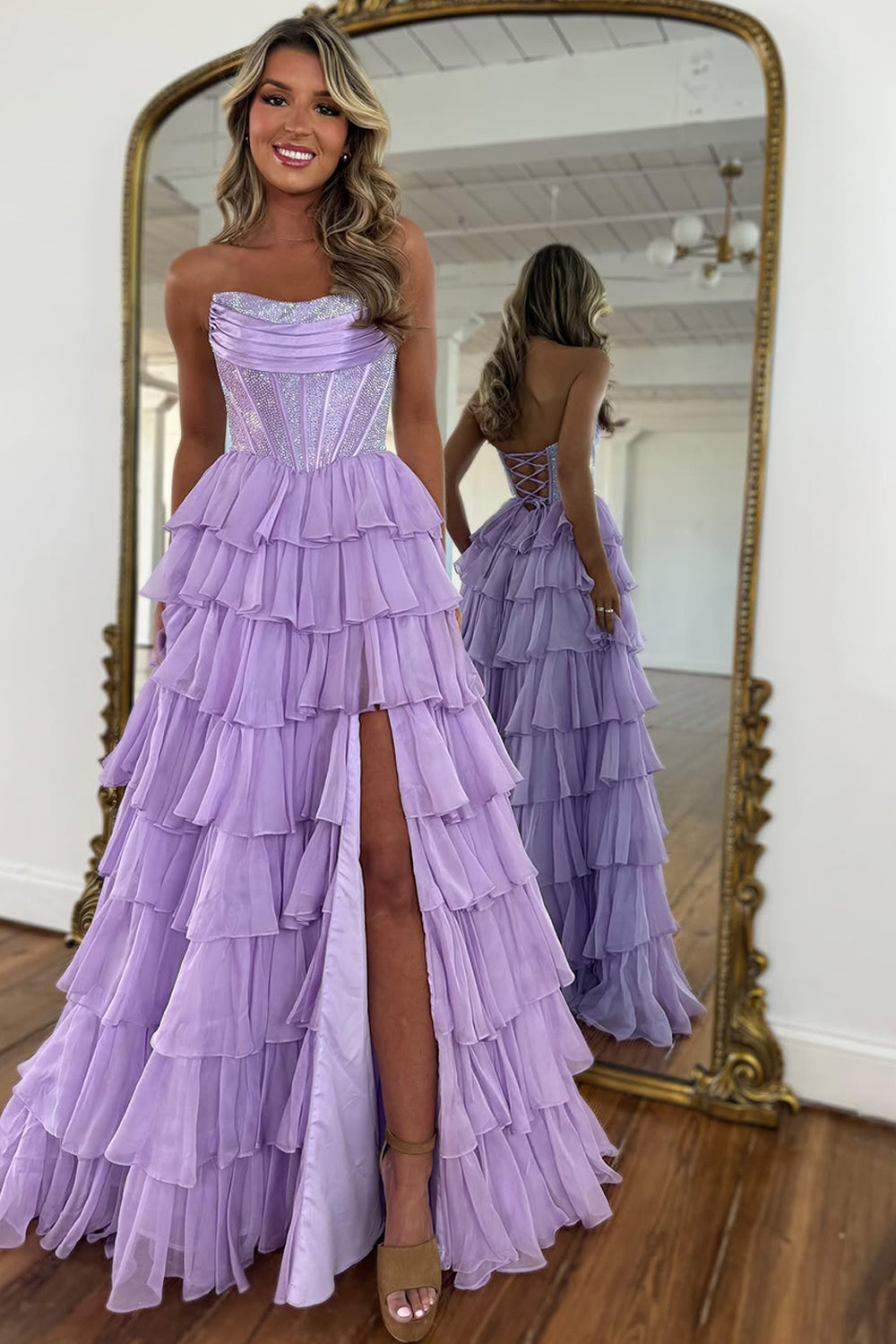 Dark Blue Strapless A Line Prom Dress with Sparkly Layered Chiffon and Side Slit