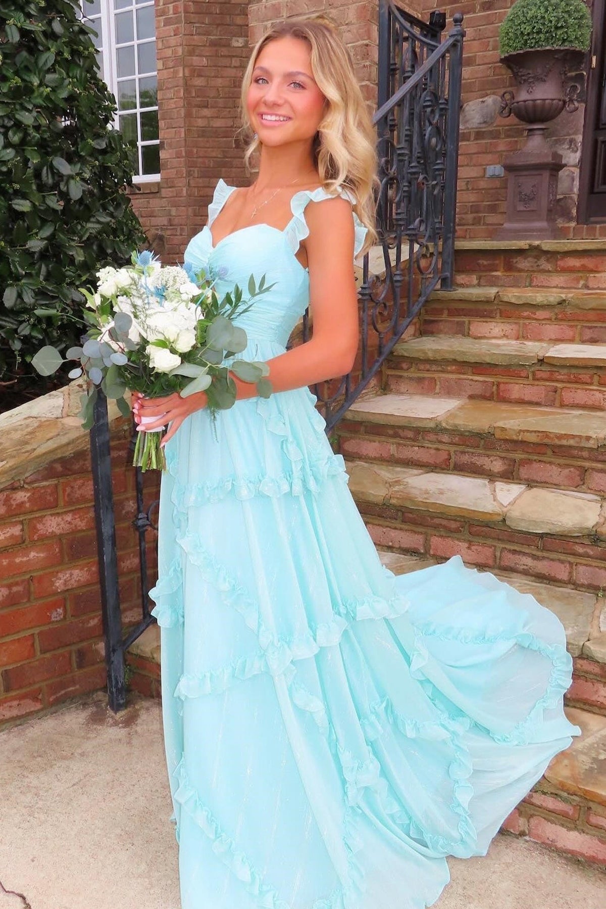 Trenidng A Line Sweetheart Blue Long Prom Dress with Ruffles
