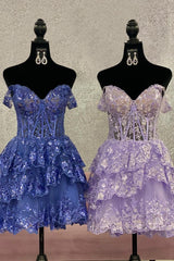 Glamorous Dark Blue Off-The-Shoulder A-Line Tiered Short Party Dress