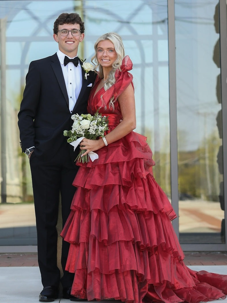 Princess A-Line Deep V-Neck Pink Long Tulle Prom Dress with Ruffles Slit