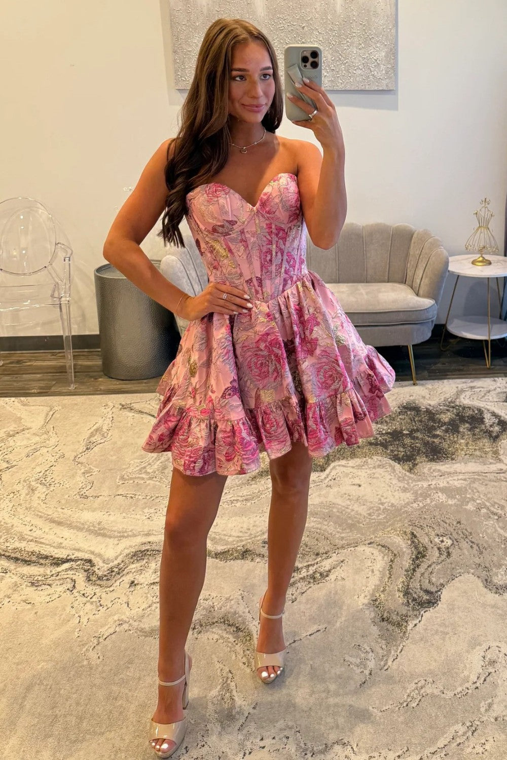 A-Line Floral Pink Sweetheart Corset Homecoming Dress with Ruffled Skirt