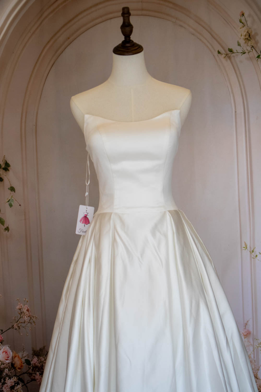 A-Line Strapless Lace Up Back Chapel Train White Satin Wedding Dress