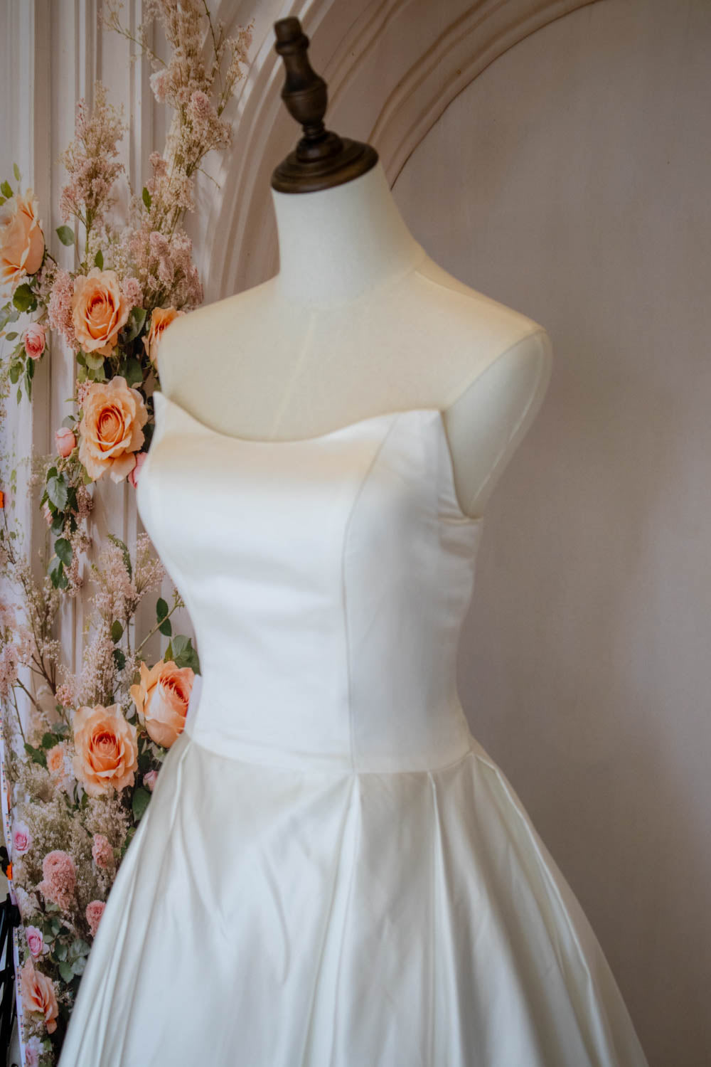 A-Line Strapless Lace Up Back Chapel Train White Satin Wedding Dress
