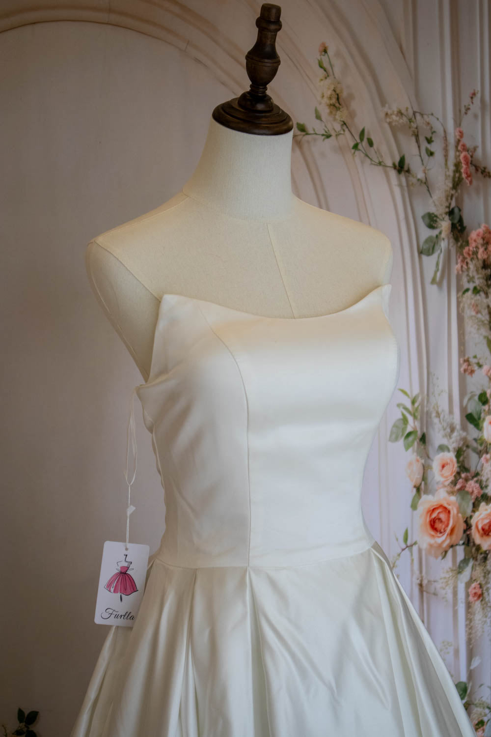 A-Line Strapless Lace Up Back Chapel Train White Satin Wedding Dress
