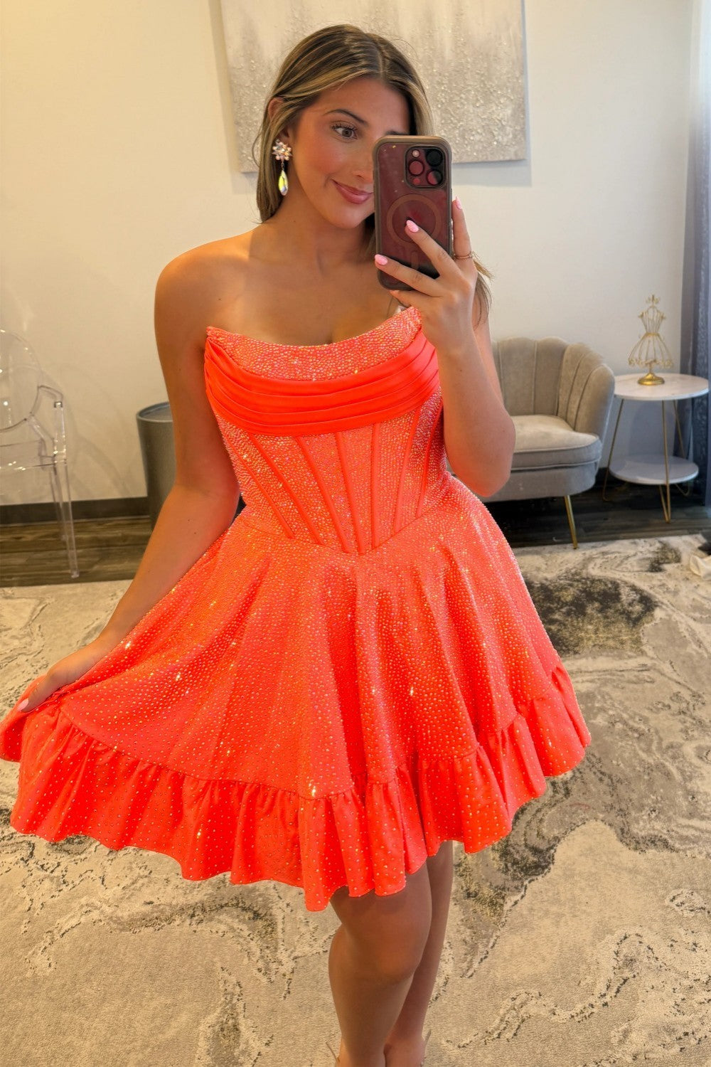 A-Line Strapless Short Beaded Lace Up Homecoming Dress with Ruffle Hem