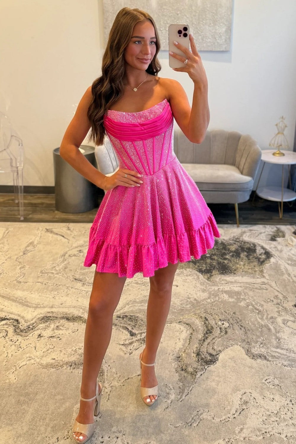 A-Line Strapless Short Beaded Lace Up Homecoming Dress with Ruffle Hem
