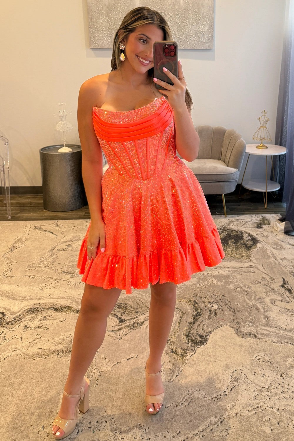 A-Line Strapless Short Beaded Lace Up Homecoming Dress with Ruffle Hem