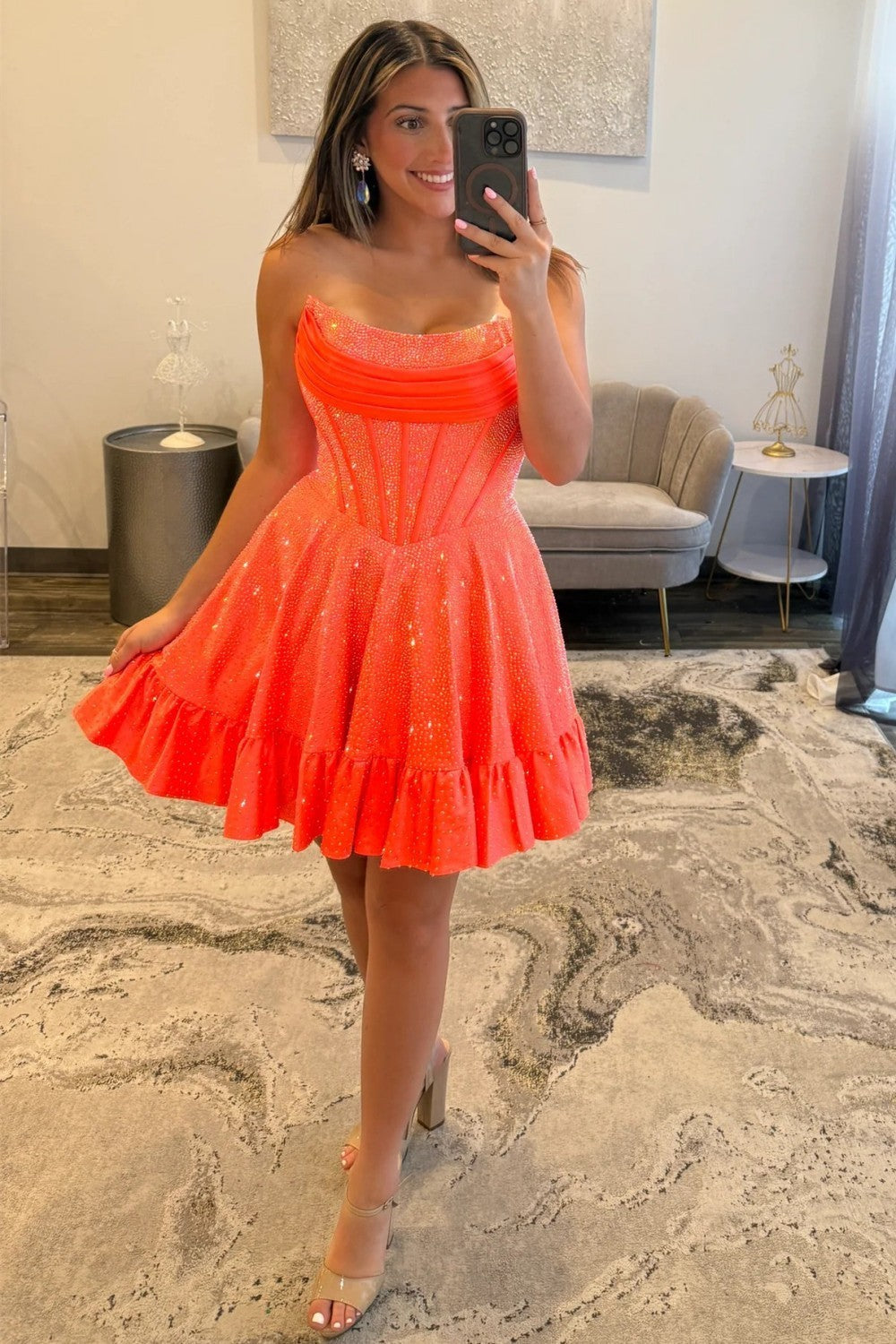 A-Line Strapless Short Beaded Lace Up Homecoming Dress with Ruffle Hem