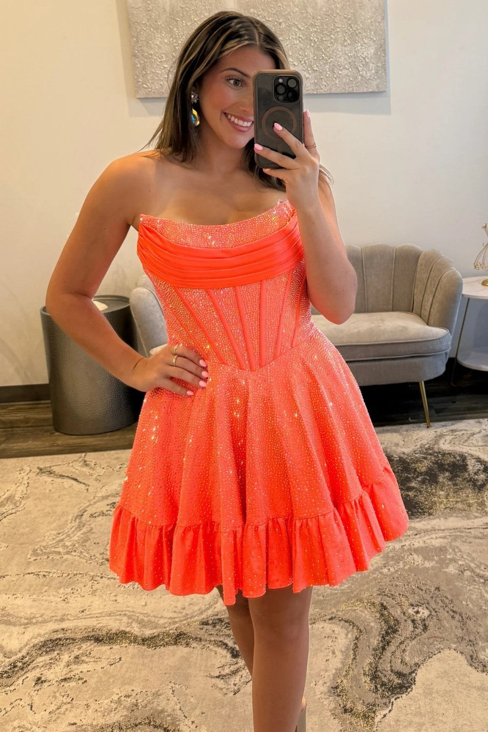 A-Line Strapless Short Beaded Lace Up Homecoming Dress with Ruffle Hem