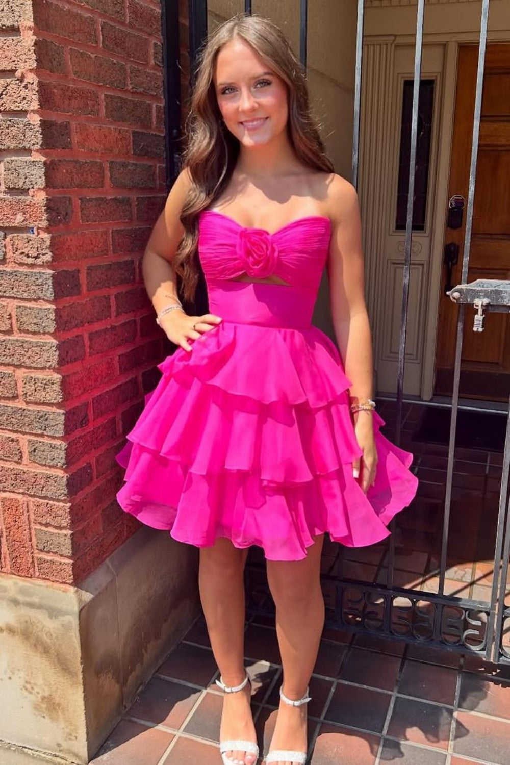 Furlla Women Adorable A-Line Strapless Short Layered Chiffon Homecoming Dress with 3D Flower Furlla Official Furlla Women Adorable A-Line Strapless Short Layered Chiffon Homecoming Dress with 3D Flower Furlla Official