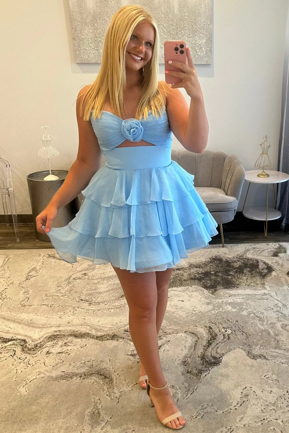 Adorable A-Line Strapless Short Layered Chiffon Homecoming Dress with 3D Flower