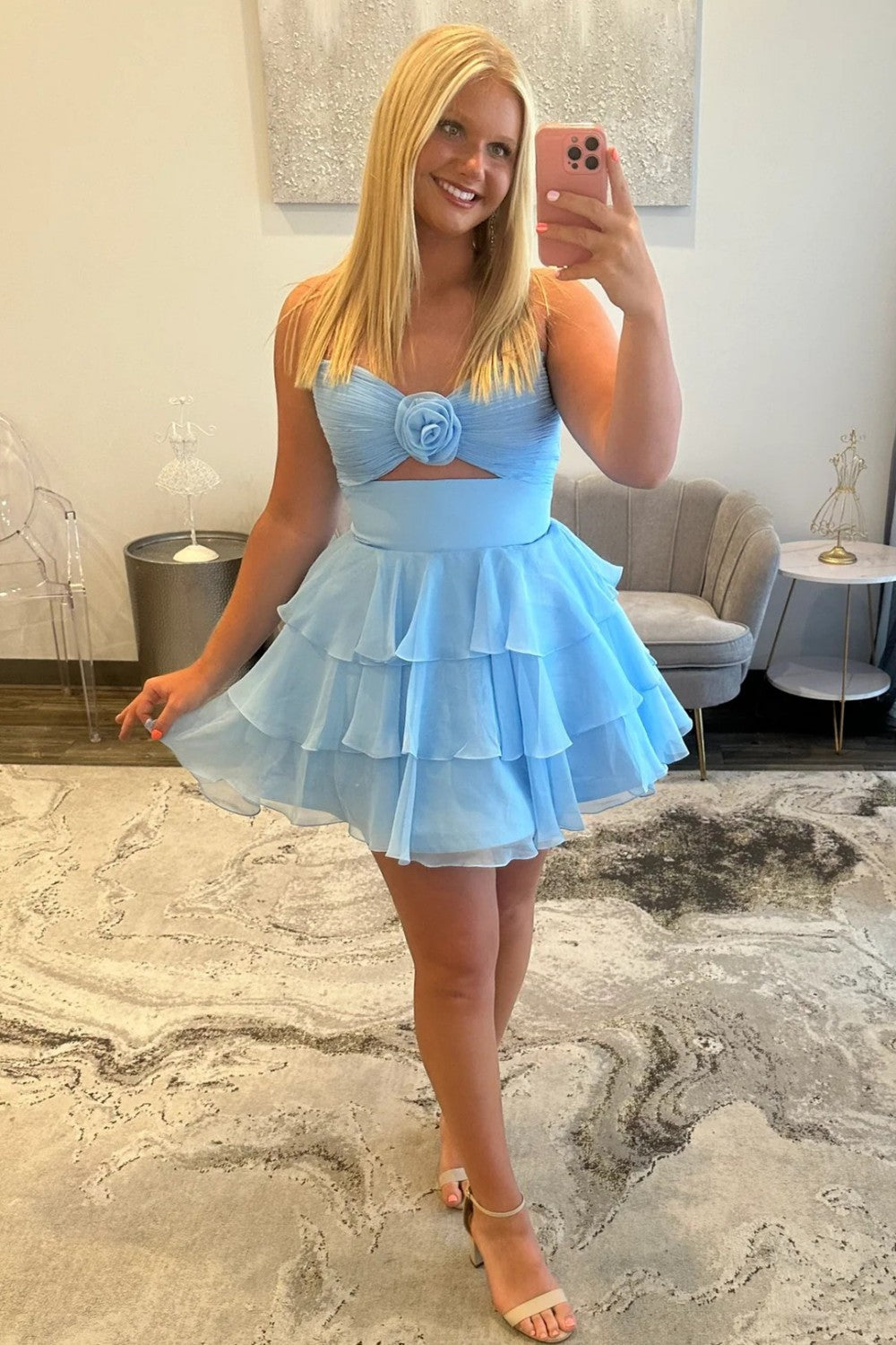 Adorable A-Line Strapless Short Layered Chiffon Homecoming Dress with 3D Flower