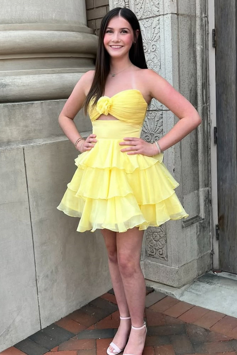 Adorable A-Line Strapless Short Layered Chiffon Homecoming Dress with 3D Flower