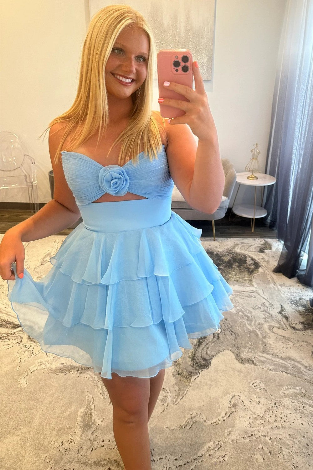 Adorable A-Line Strapless Short Layered Chiffon Homecoming Dress with 3D Flower