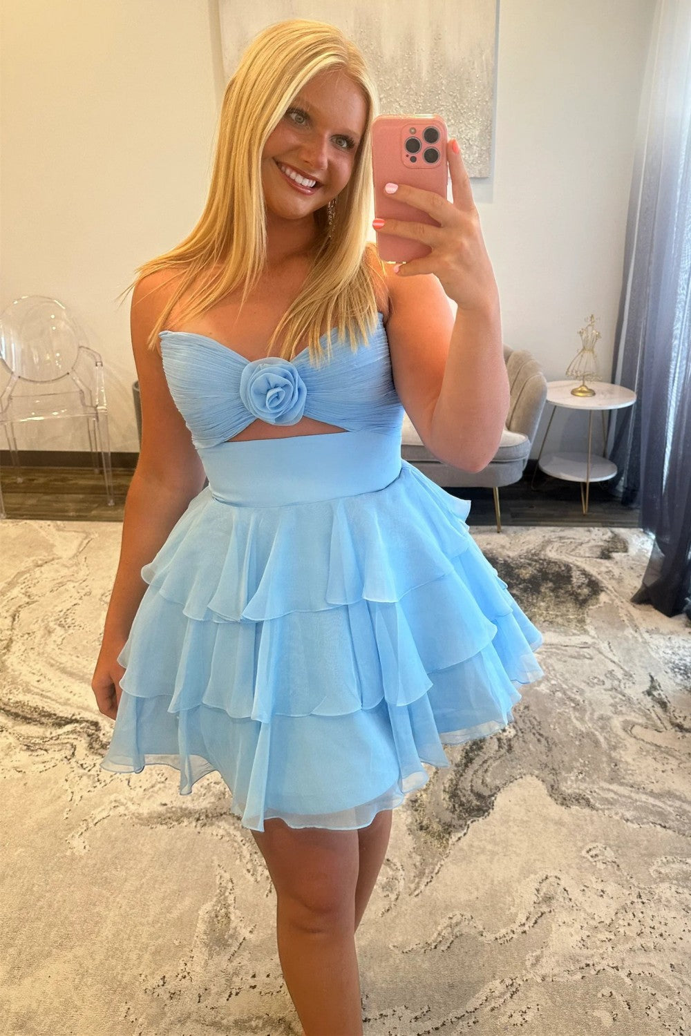 Adorable A-Line Strapless Short Layered Chiffon Homecoming Dress with 3D Flower