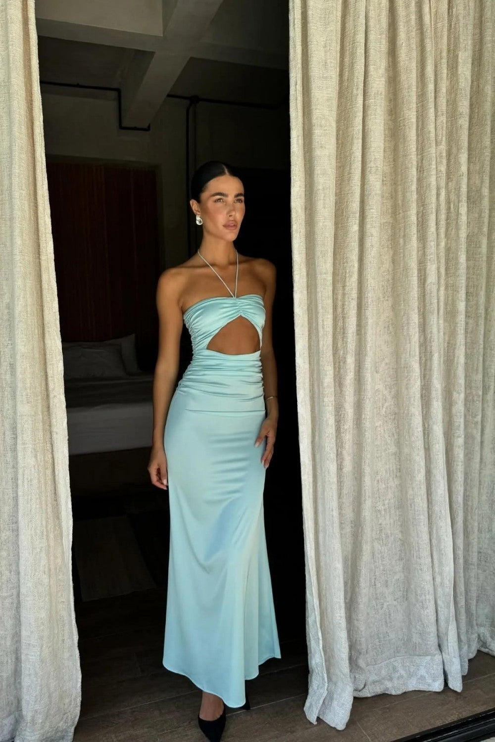Furlla Women Aqua Blue Bodycon Prom Dress Strapless Design with Waist  Cutout – Furlla Official