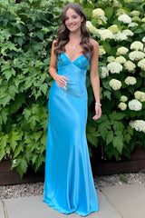 Aqua Blue Spaghetti Strap Long Satin Prom Dress with Lace Bodice