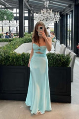 Aqua Sweetheart Twist Front Cutout Long Satin Prom Gown