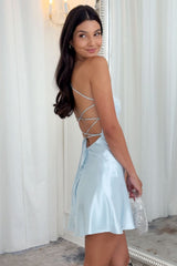 Baby Blue Spaghetti Straps Satin Homecoming Dress with Ruched Bust