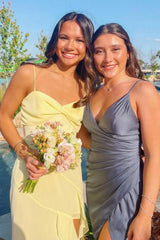 Beautiful A Line Spaghetti Straps Yellow Long Prom Dress with Split Front