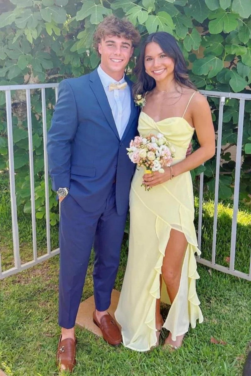 Beautiful A Line Spaghetti Straps Yellow Long Prom Dress with Split Front