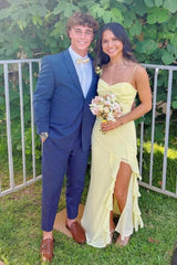 Beautiful A Line Spaghetti Straps Yellow Long Prom Dress with Split Front