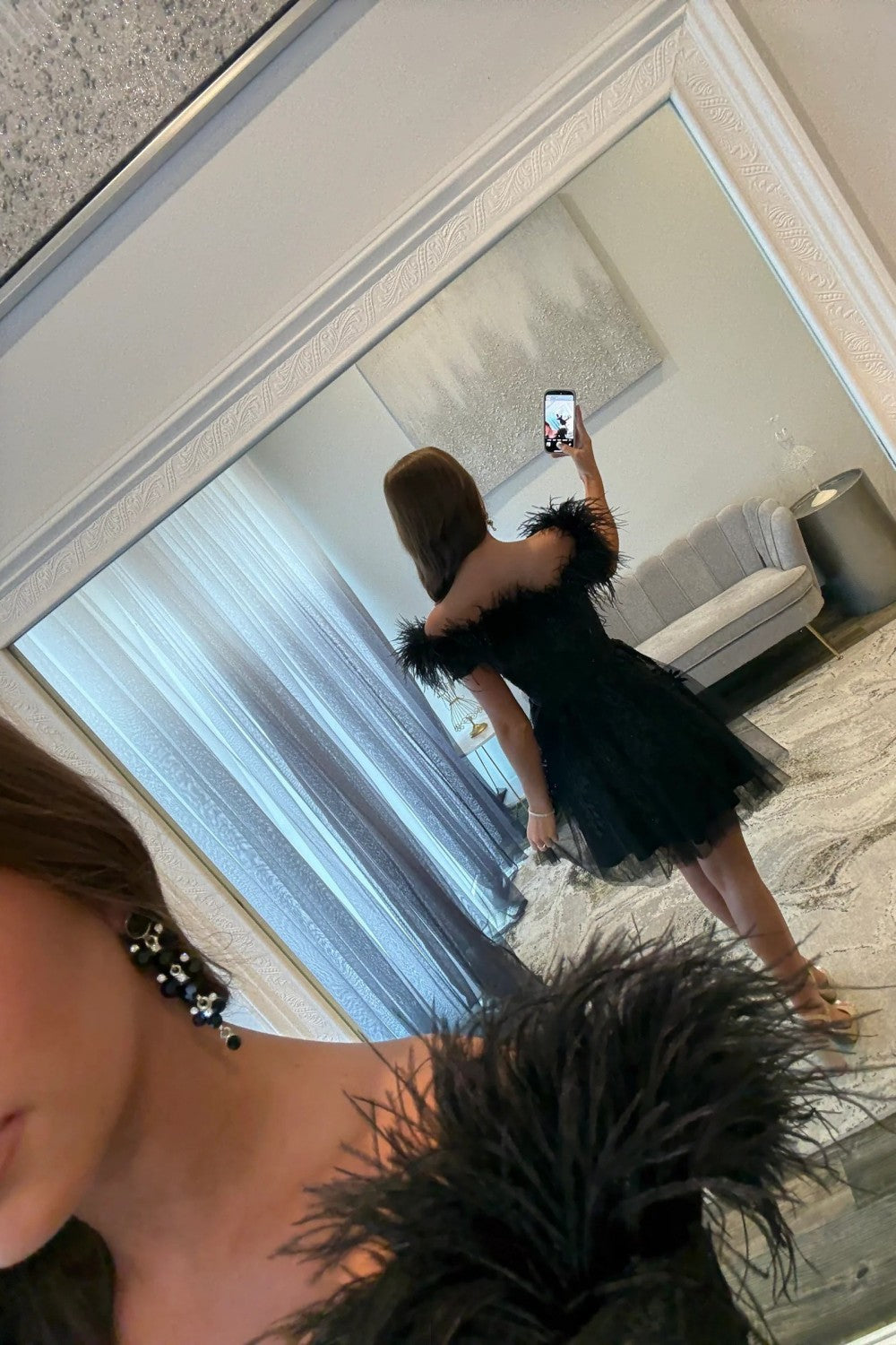 Black A-Line Feather Off The Shoulder Short Tulle Homecoming Dress with Appliques