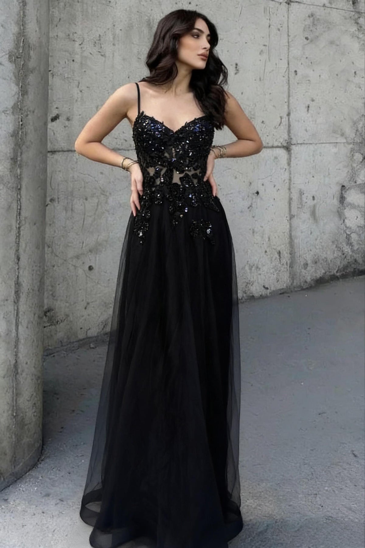 Black Beaded Spaghetti Straps A-Line Prom Dress with Sheer Bodice
