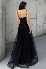 Black Beaded Spaghetti Straps A-Line Prom Dress with Sheer Bodice