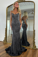 Black Beaded Spaghetti Straps Corset Mermaid Prom Dress with Train