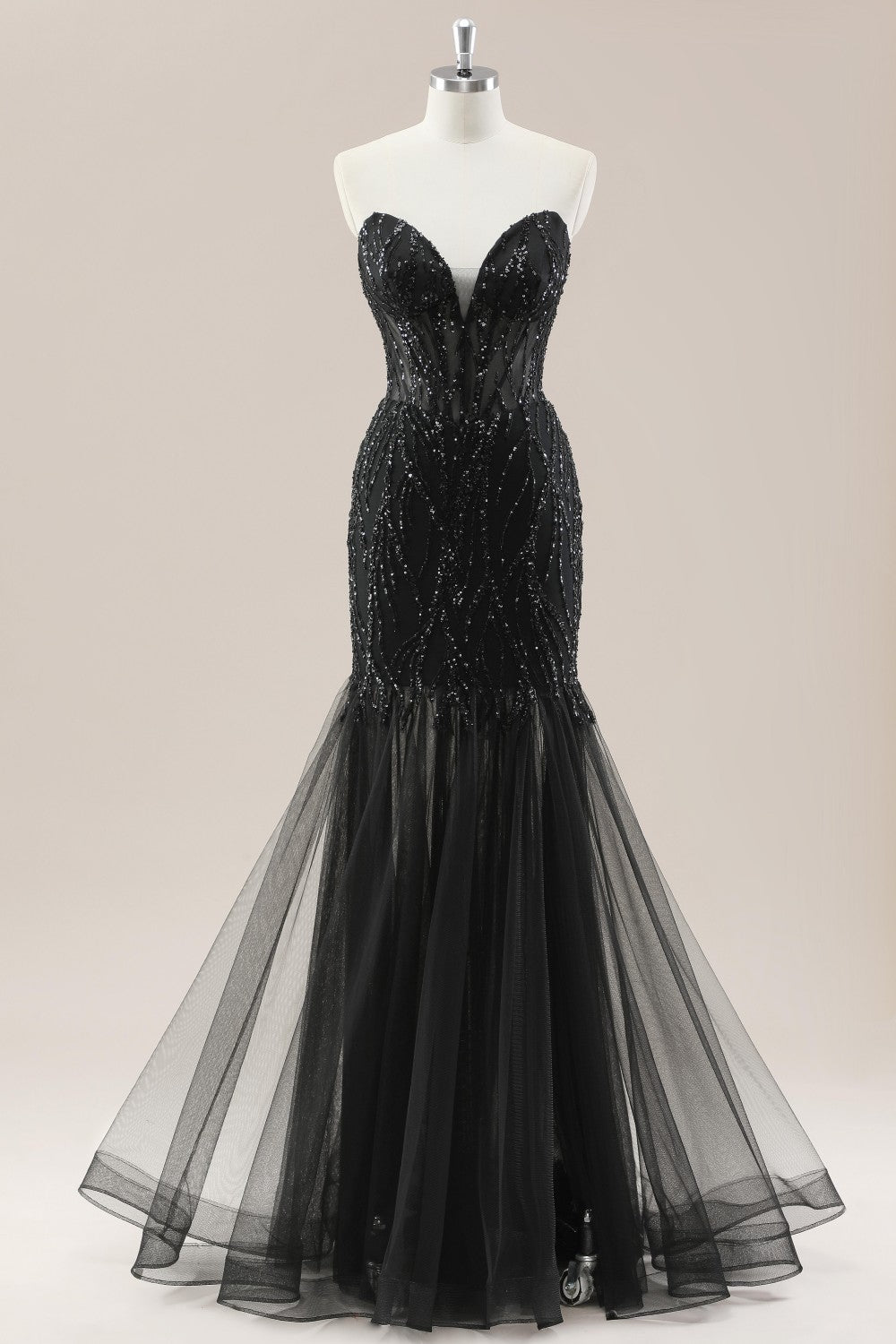 Strapless Black Mermaid Prom Dress with Beaded Detailing and Lace Up Back for Formal Evening