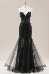Strapless Black Mermaid Prom Dress with Beaded Detailing and Lace Up Back for Formal Evening